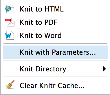 Knit with Parameters from Knitr menu