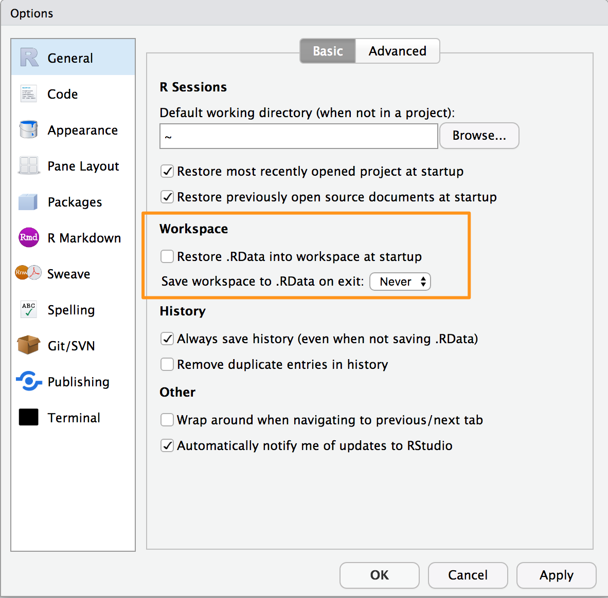 Save Workspace options